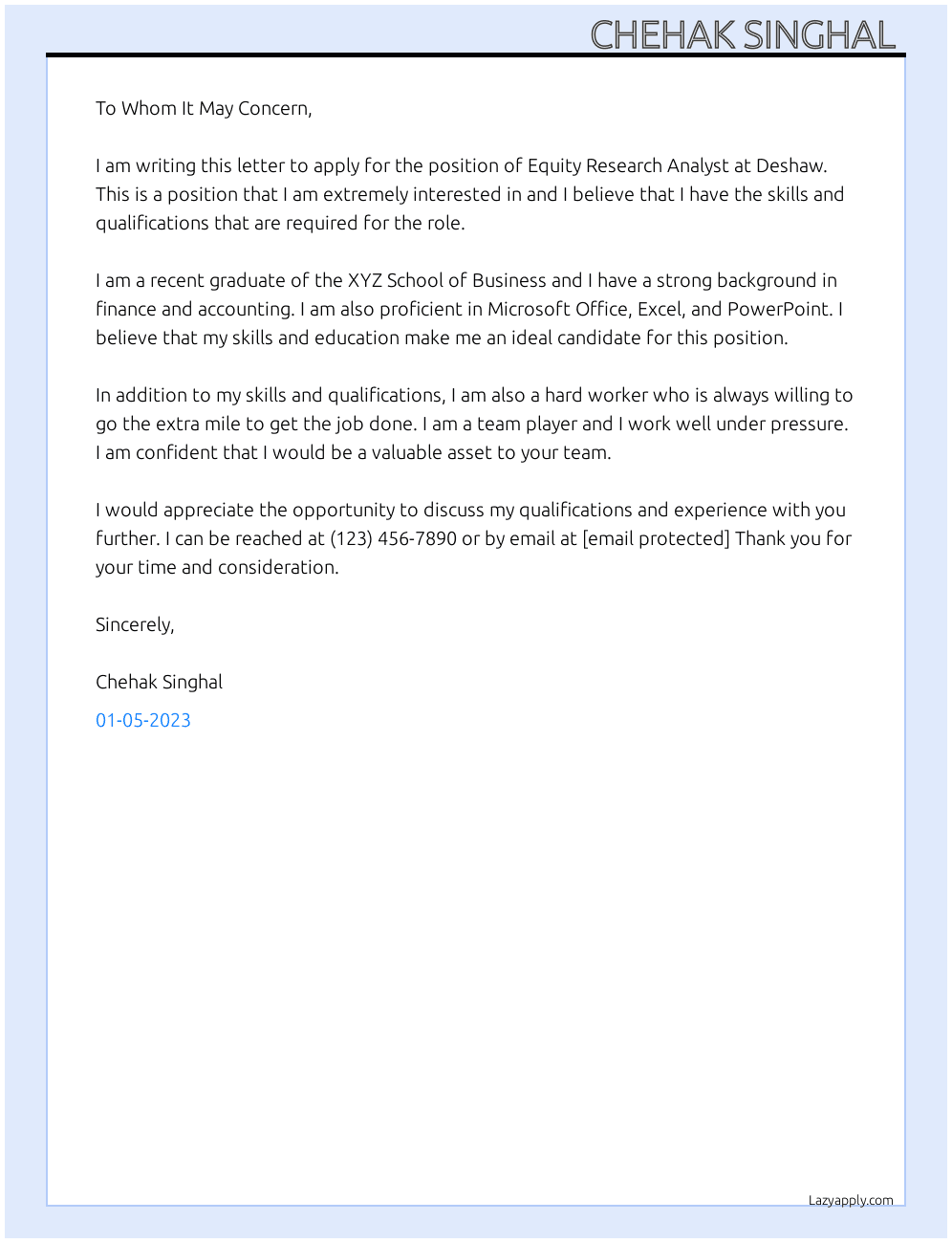 Cover letter for equity research analyst - LazyApply