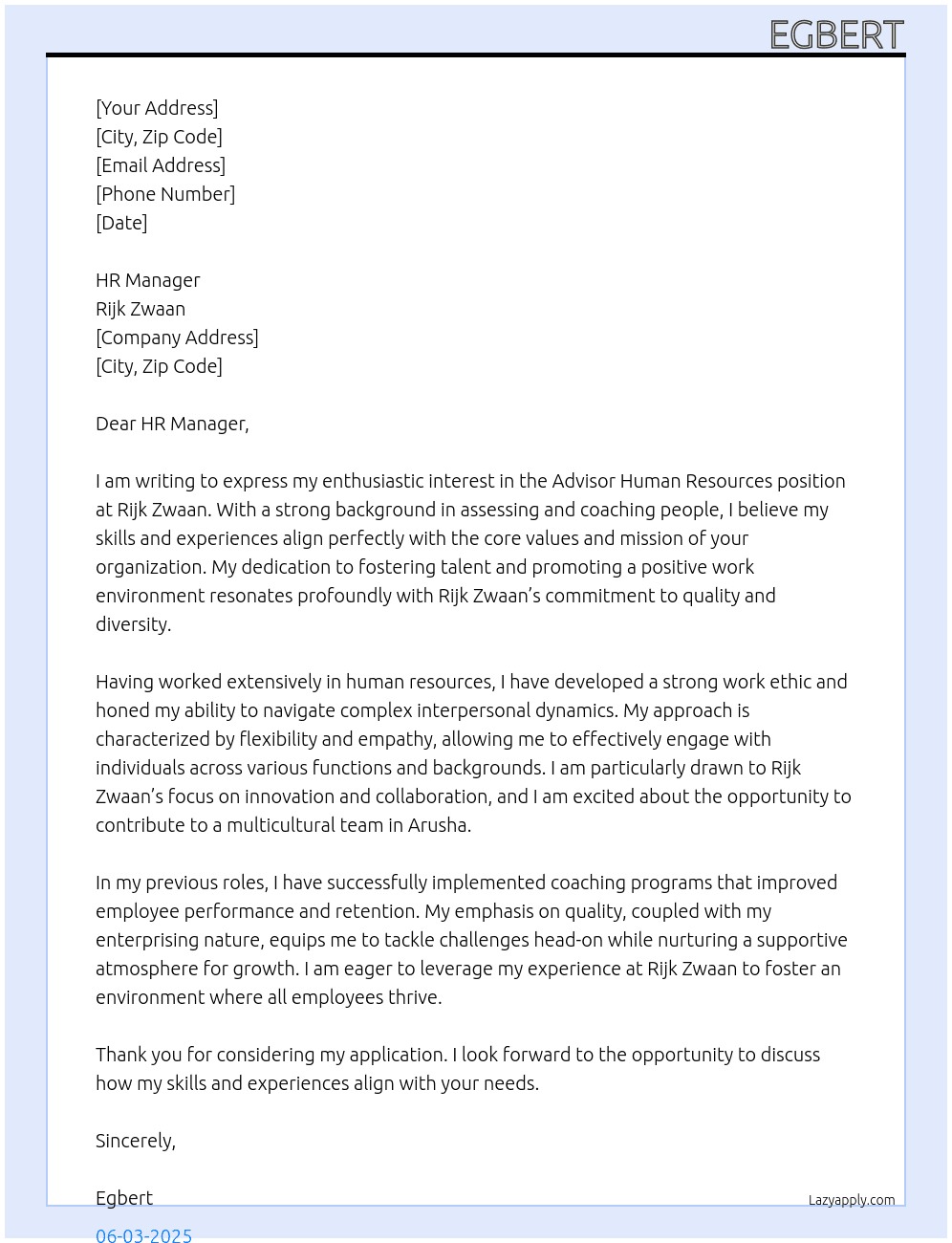 Advisor Human Resources At Rijk Zwaan Cover Letter