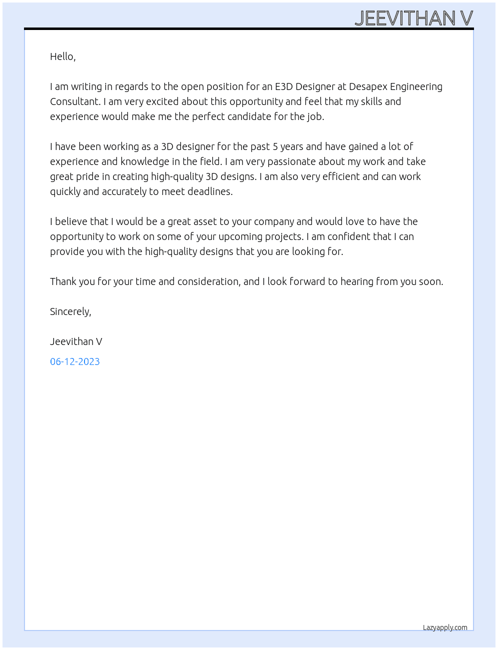 E3D Designer  At Desapex Engineering Consultant Cover Letter