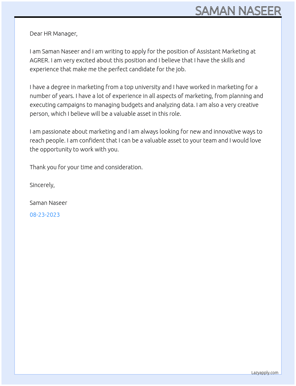 ASSISTANT MARKETING At AGRER Cover Letter