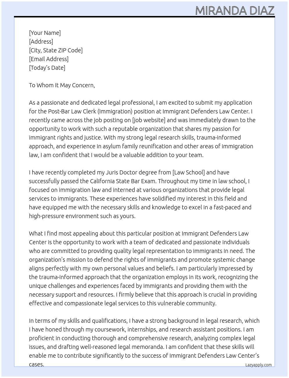 Post-Bar Law Clerk (Immigration) At Immigrant Defenders Law Center Cover Letter