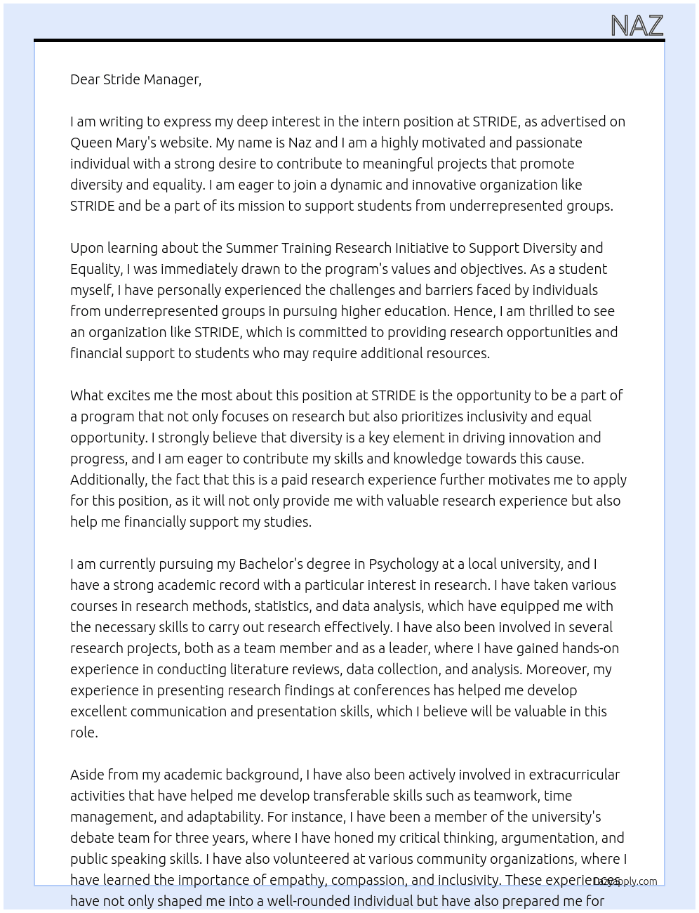intern At STRIDE Cover Letter