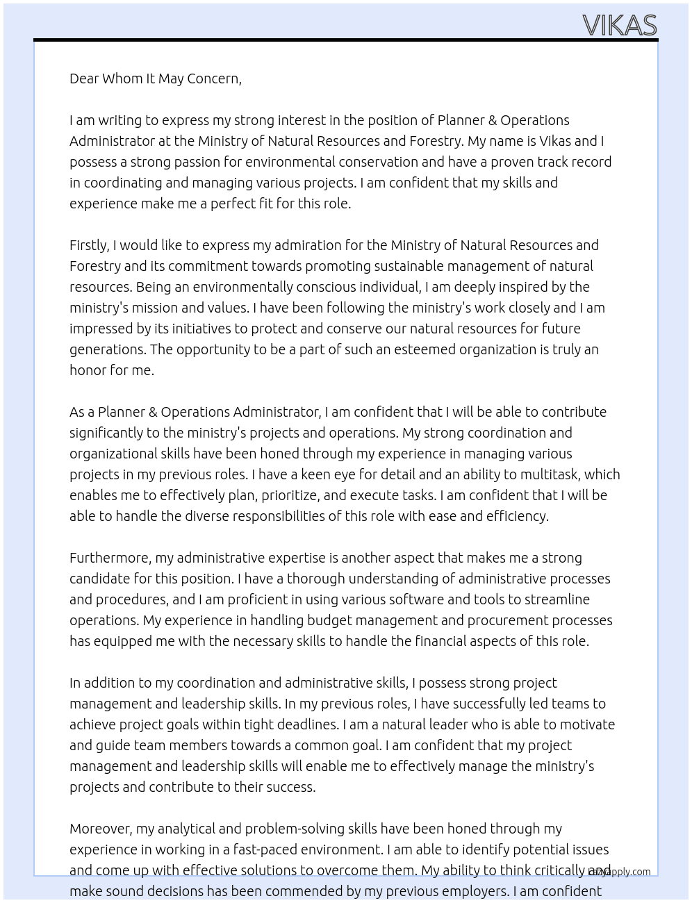 Planner & Operations Administrator At Ministry of Natural Resources and Forestry Cover Letter