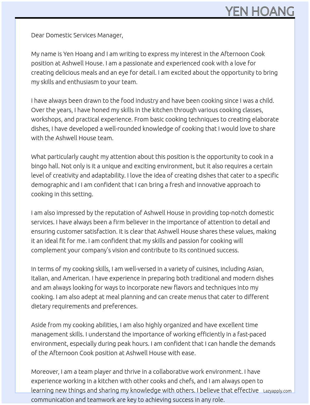 Afternoon cook At Ashwell house Cover Letter