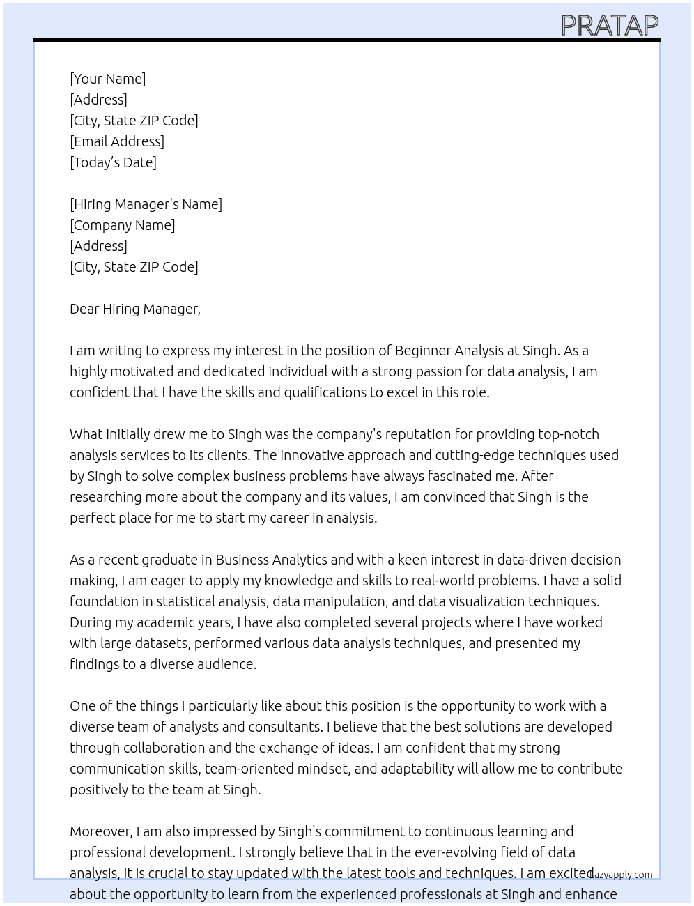 beginner analysis  At singh Cover Letter