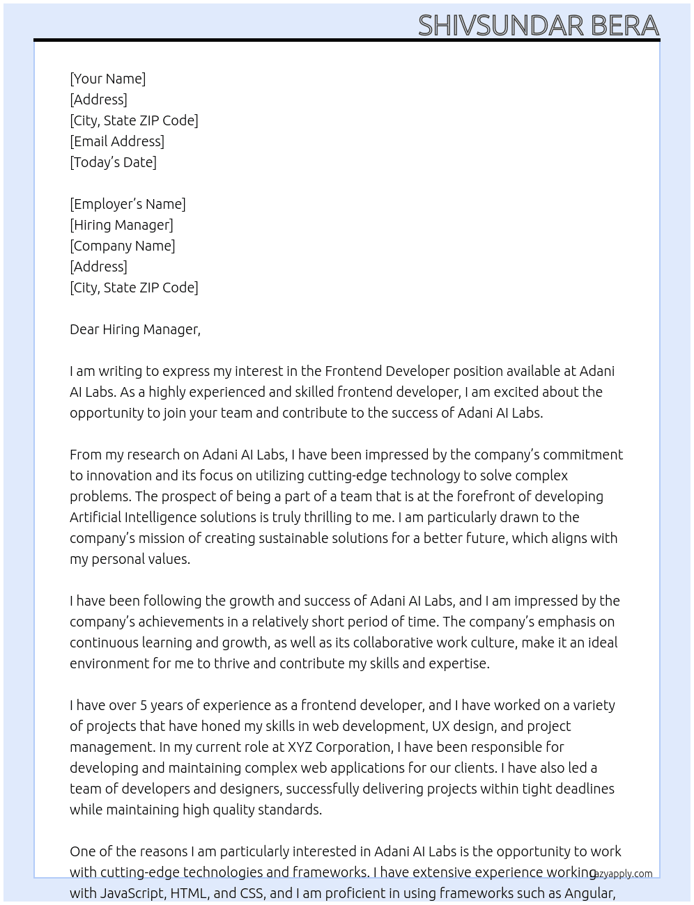 Frontend Developer position available at Adani AI Labs At Adani AI Labs Cover Letter