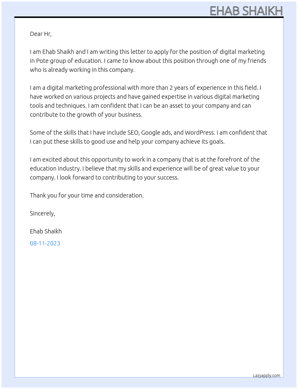 Digital marketing  At Pote group of education  Cover Letter