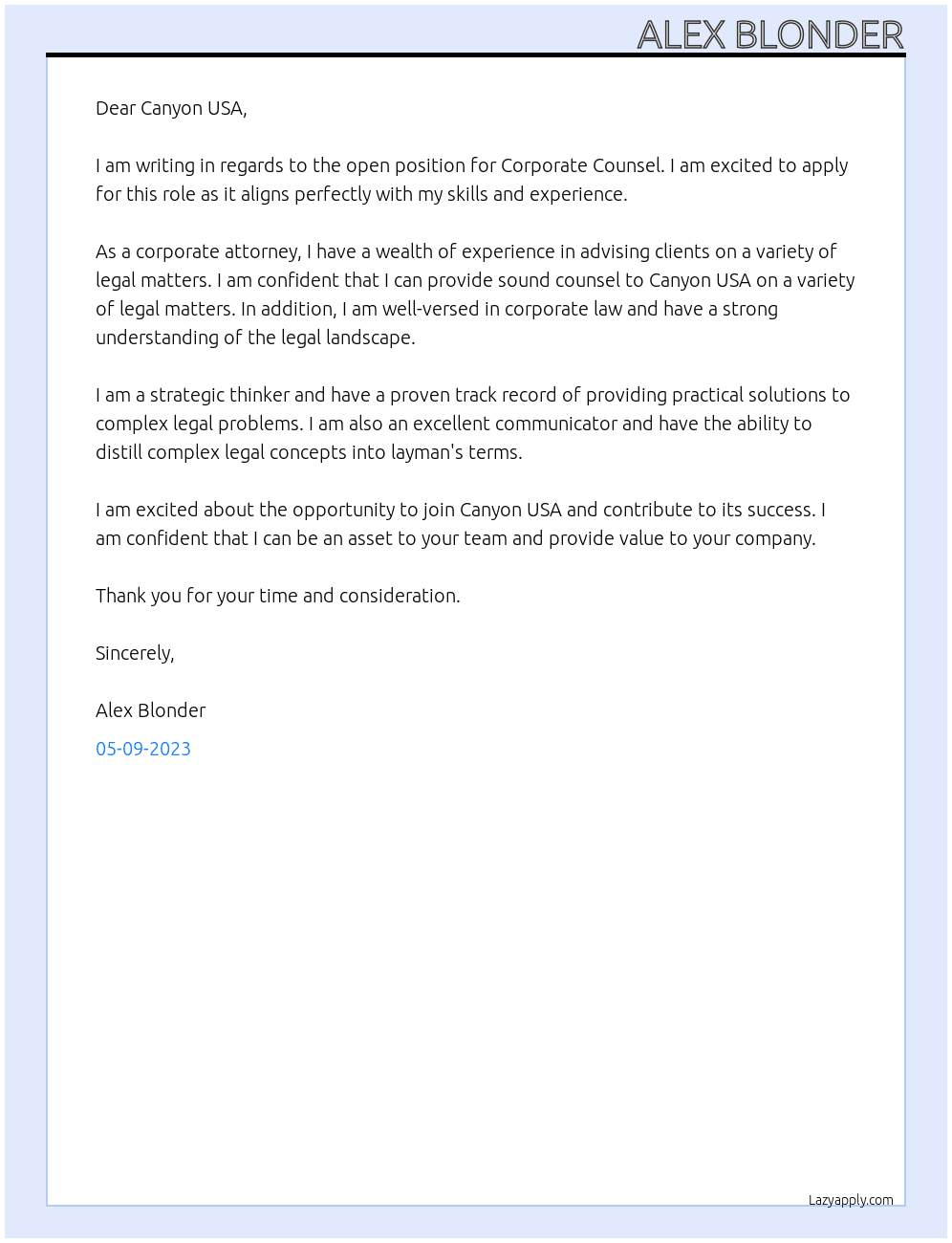 Corporate Counsel At Canyon USA Cover Letter