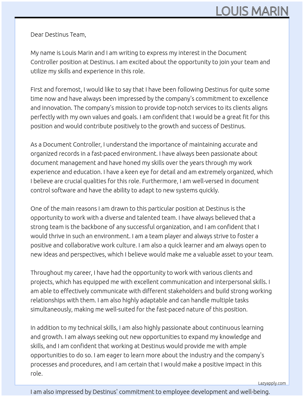 Document Controller At Destinus Cover Letter