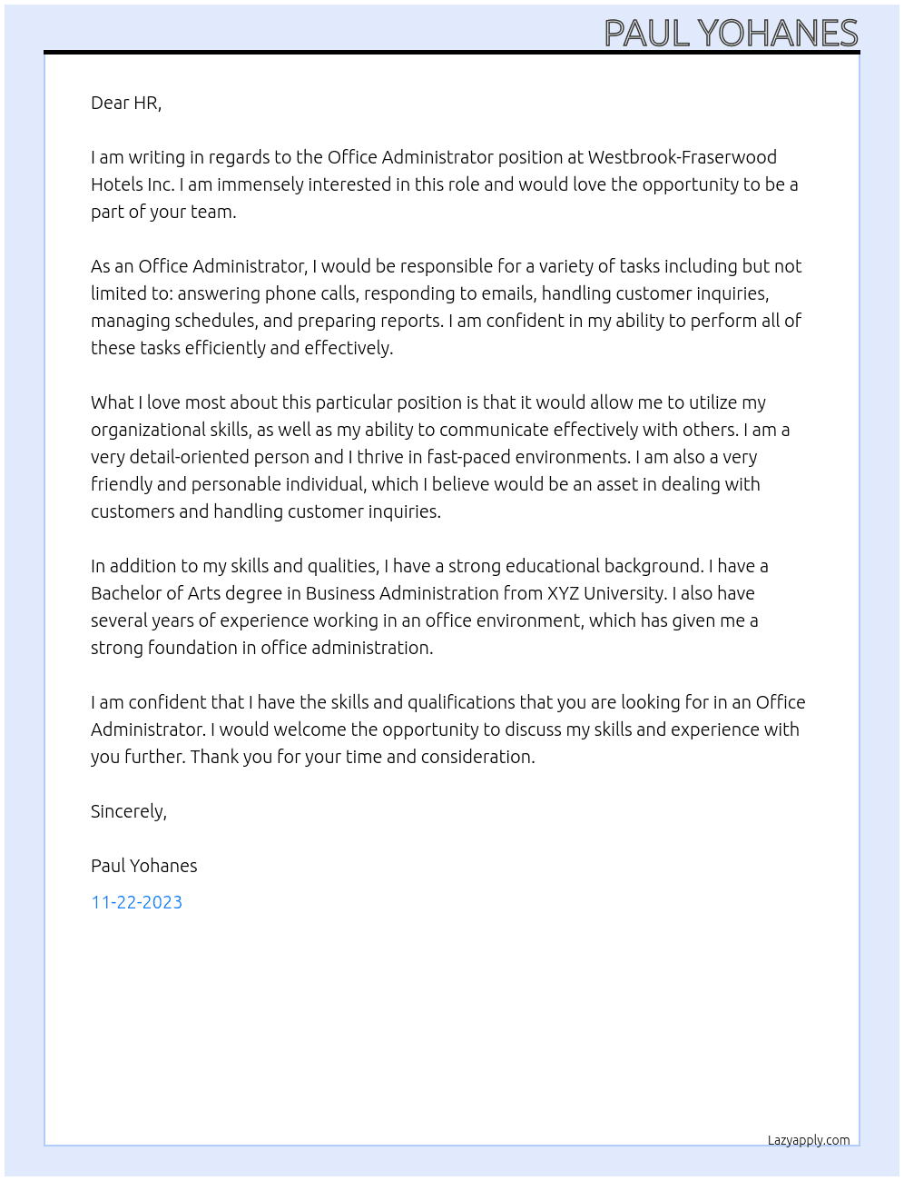 office Administrator At Westbrook-Fraserwood Hotels Inc Cover Letter