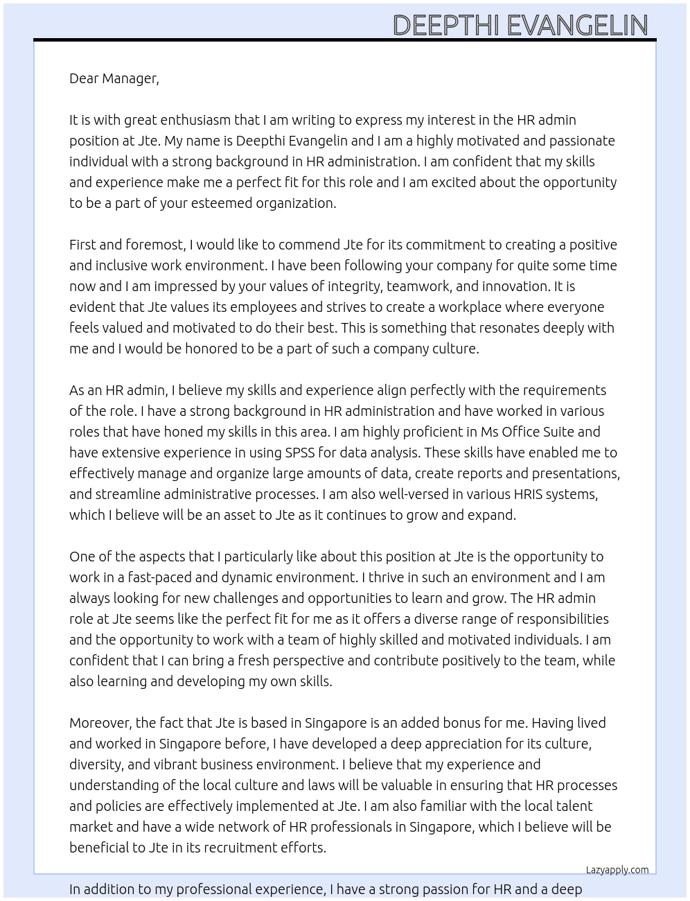 HR admin  At Jte  Cover Letter