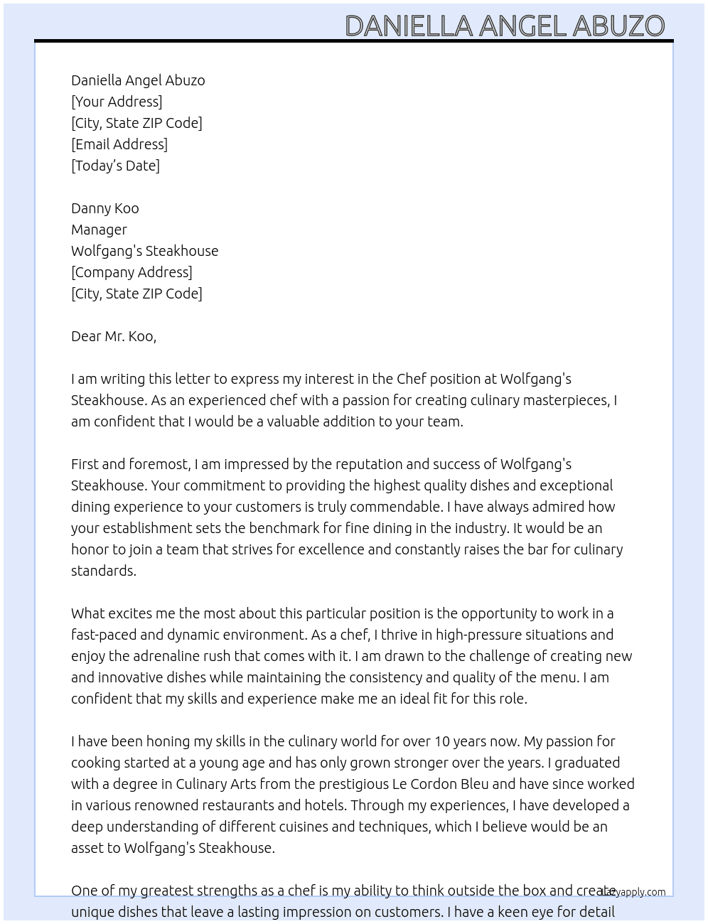 Chef At Wolfgang's steakhouse Cover Letter
