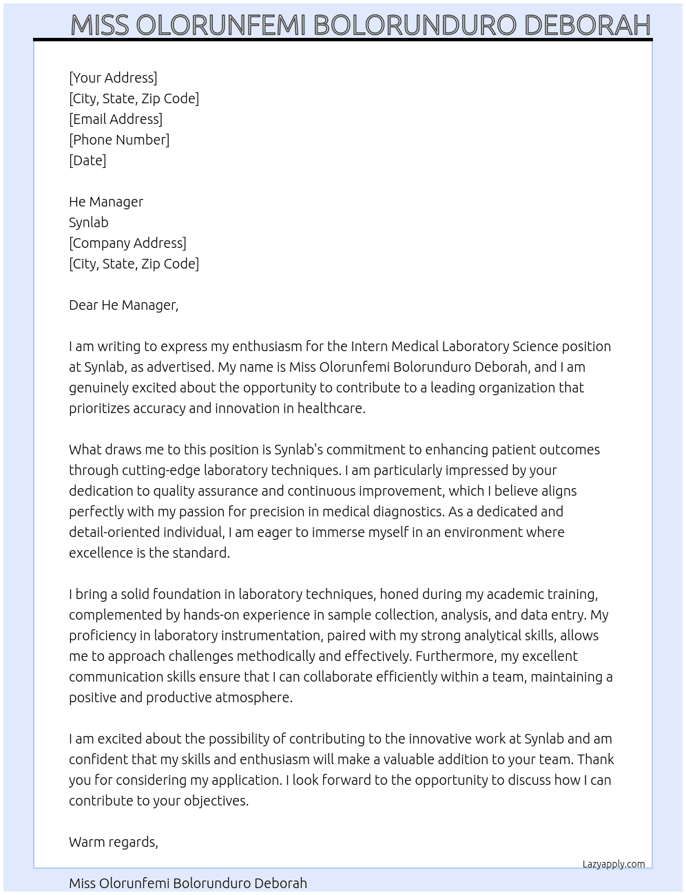 Intern medical laboratory science  At Synlab Cover Letter
