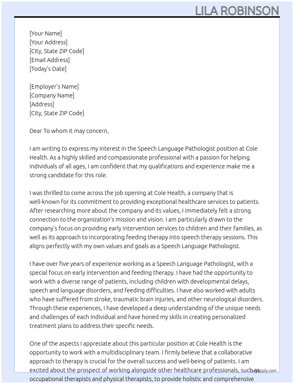 Speech Language Pathologist At Cole Health Cover Letter