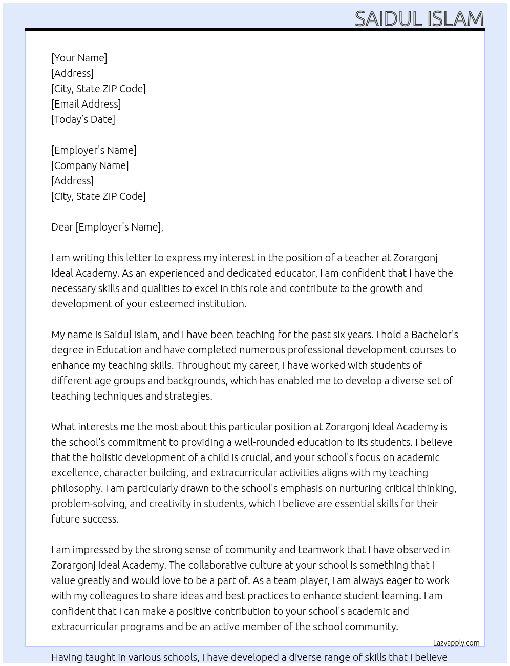 teacher At Zorargonj Ideal academy Cover Letter