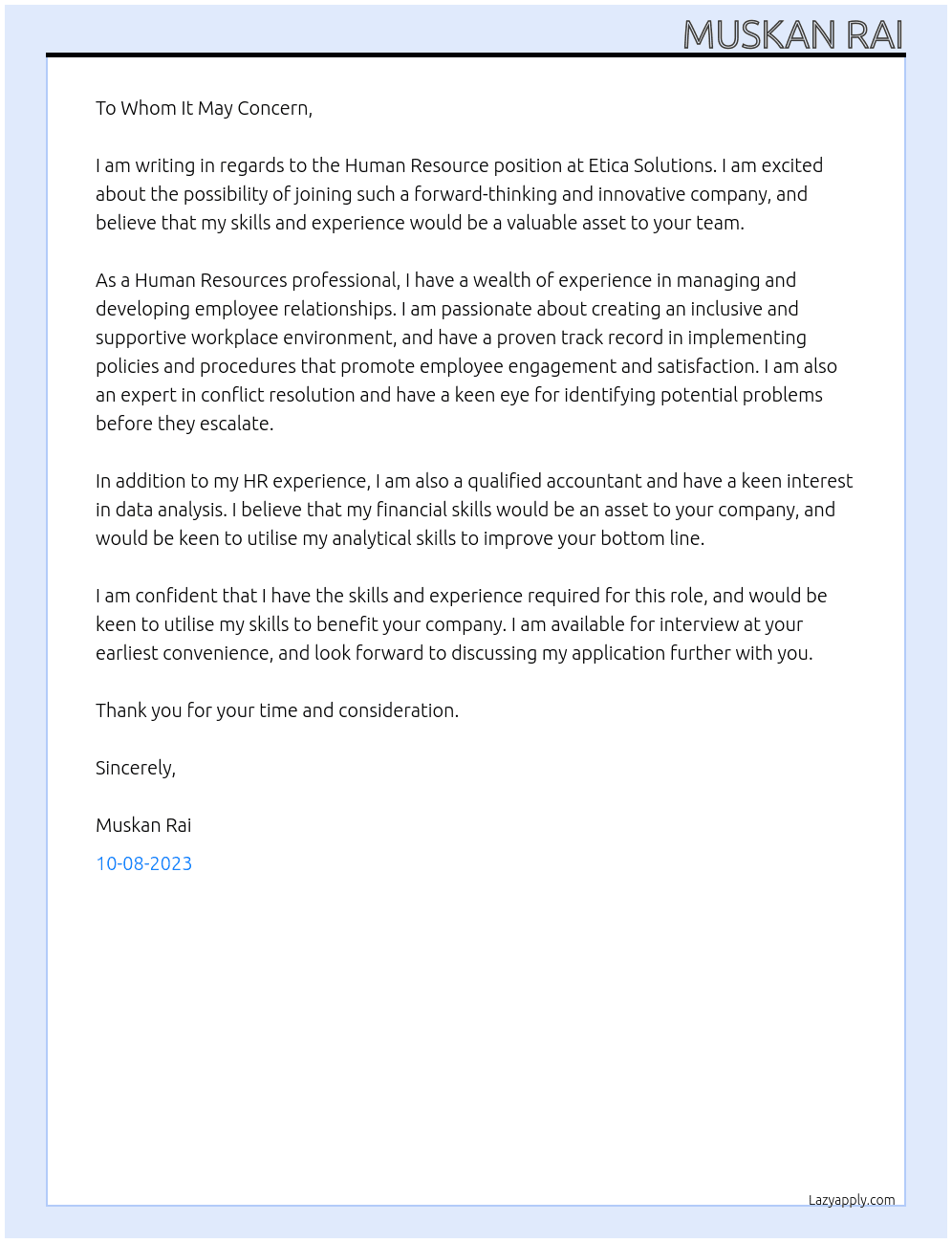 Human Resource At Etica Solutions Cover Letter
