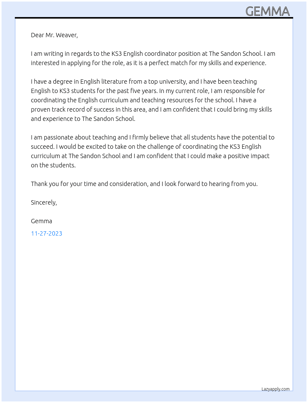 KS3 English coordinator  At The Sandon School  Cover Letter