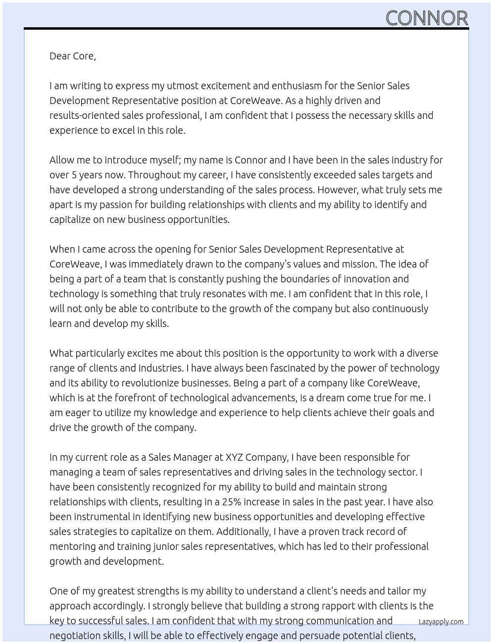 Senior Sales Development Representative At CoreWeave Cover Letter