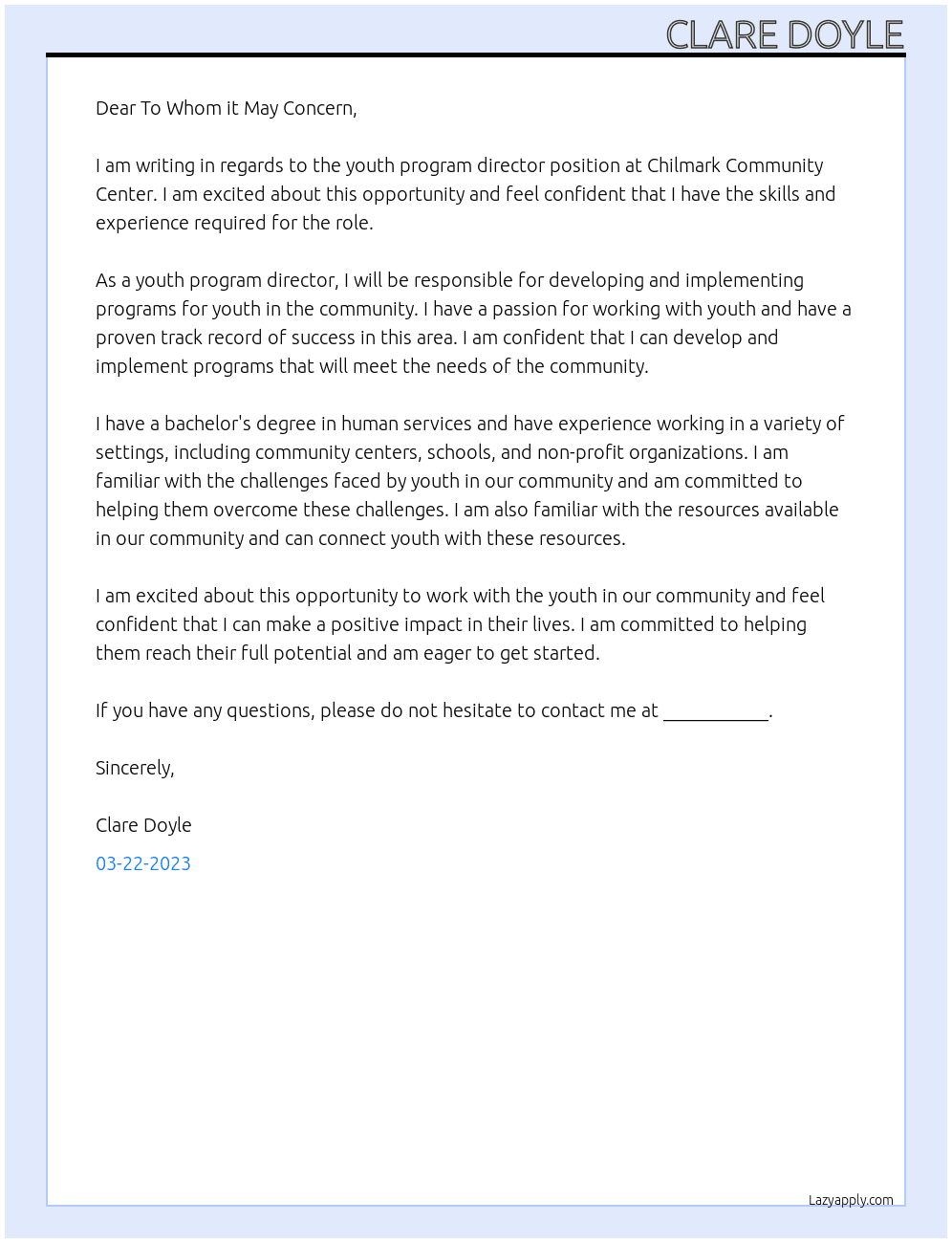 youth program director At Chilmark Community Center Cover Letter