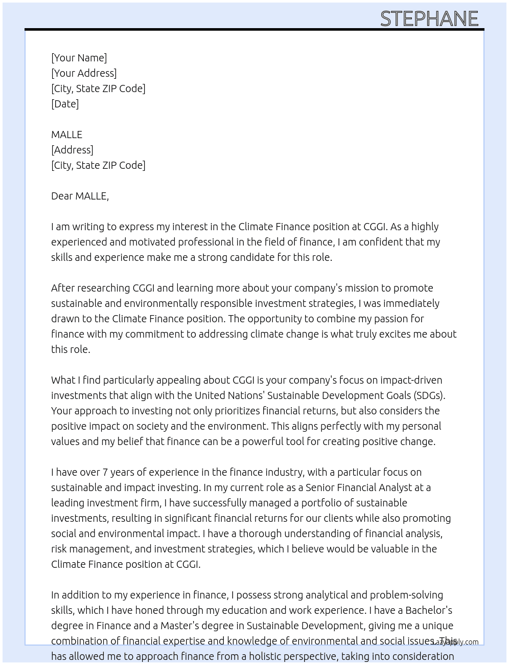 Climate finance  At CGGI Cover Letter