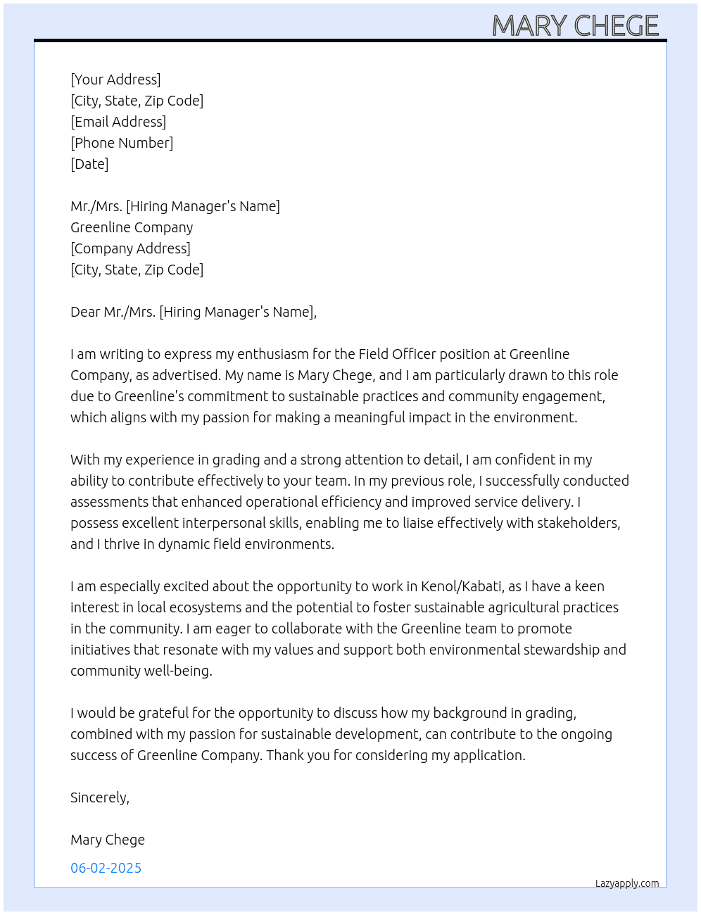 Field officer  At Greenline company  Cover Letter
