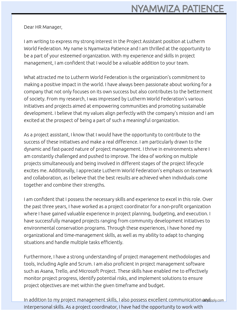 Project assistant  At Lutherm world federation  Cover Letter