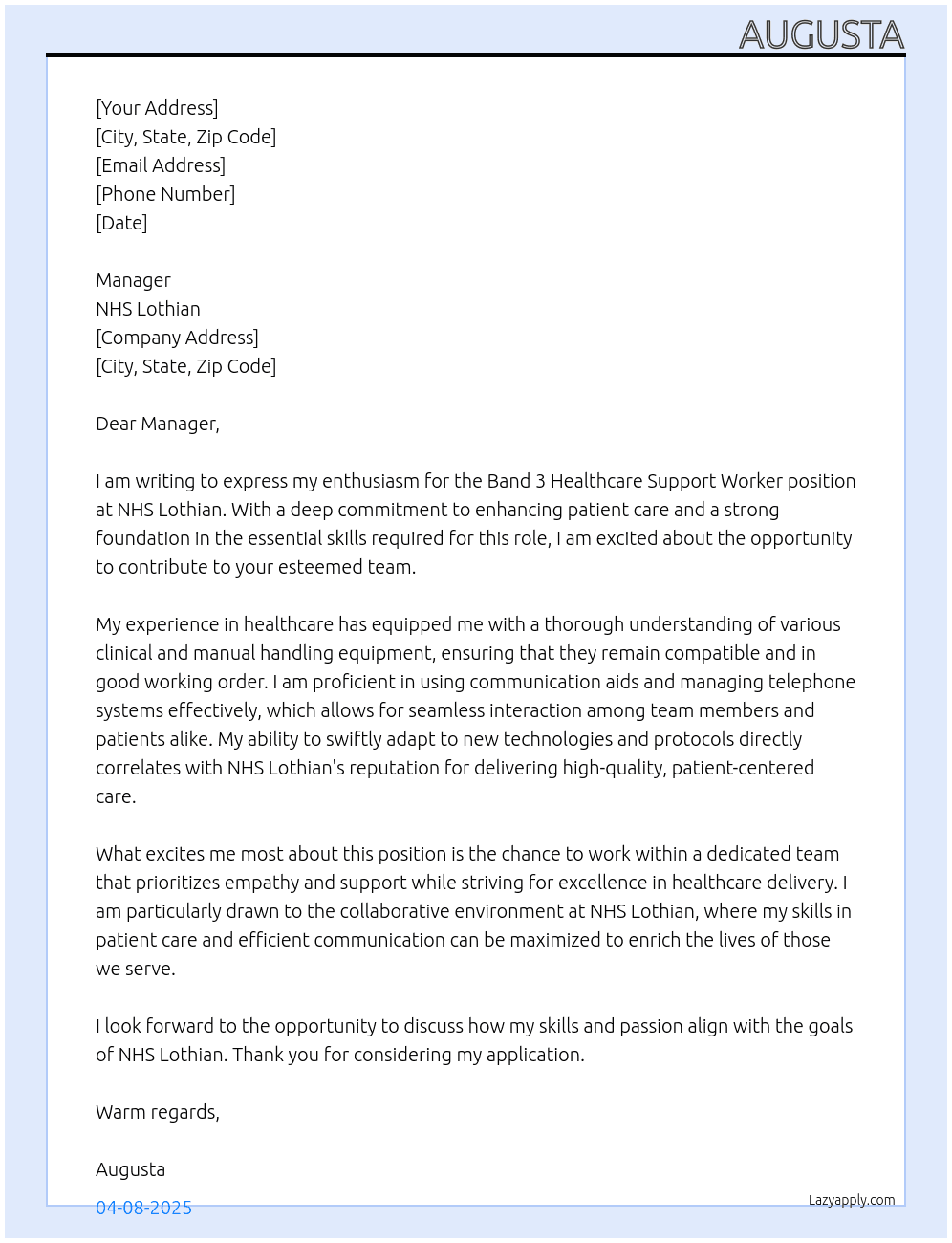 Band 3 healthcare support worker At NHS Lothian  Cover Letter