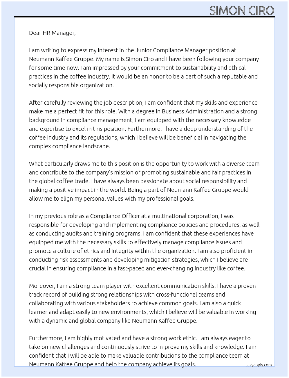 Junior compliance manager At Neumann Kaffee Gruppe Cover Letter