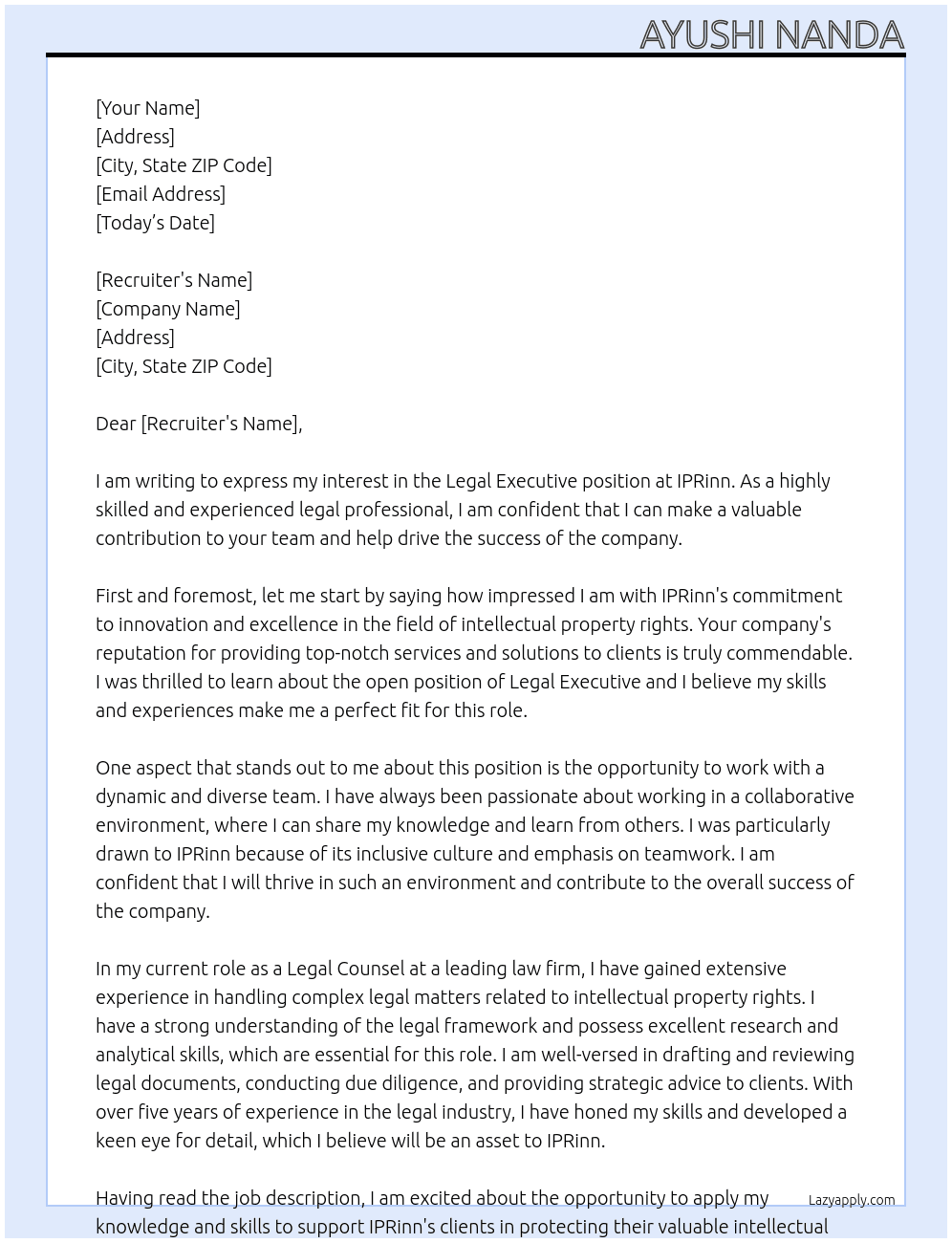 legal executive At IPRinn Cover Letter