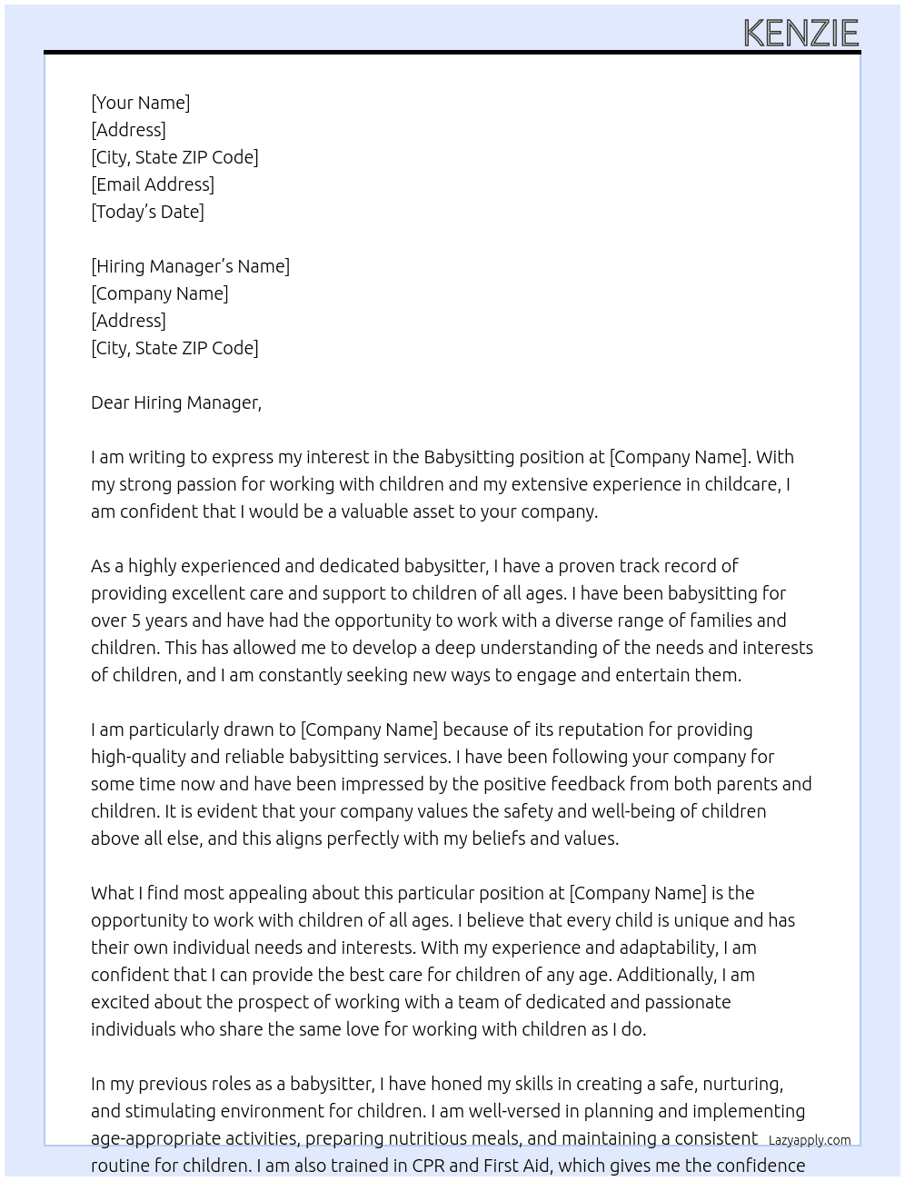 Babysitting At Babysitting Cover Letter