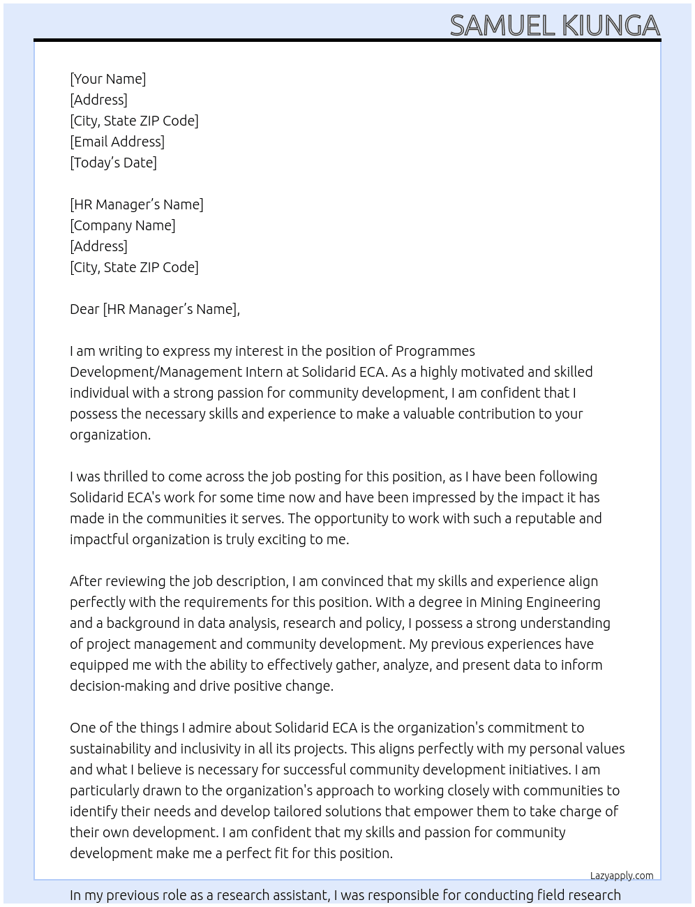 PROGRAMMES DEVELOPMENT / MANAGEMENT INTERN At Solidarid ECA Cover Letter