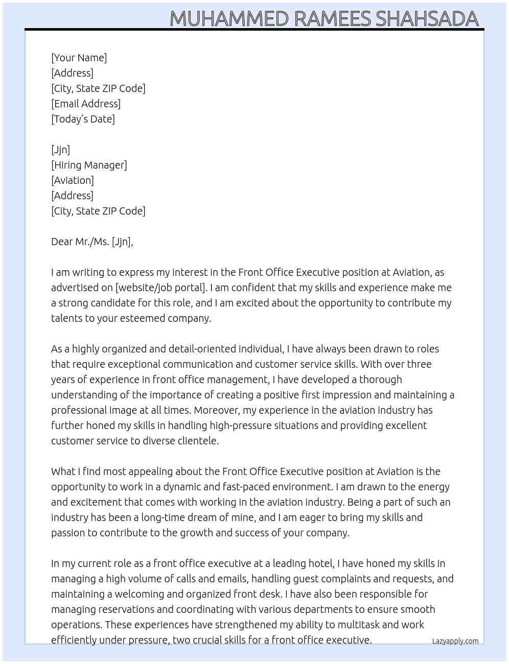 Front office executive  At Aviation  Cover Letter
