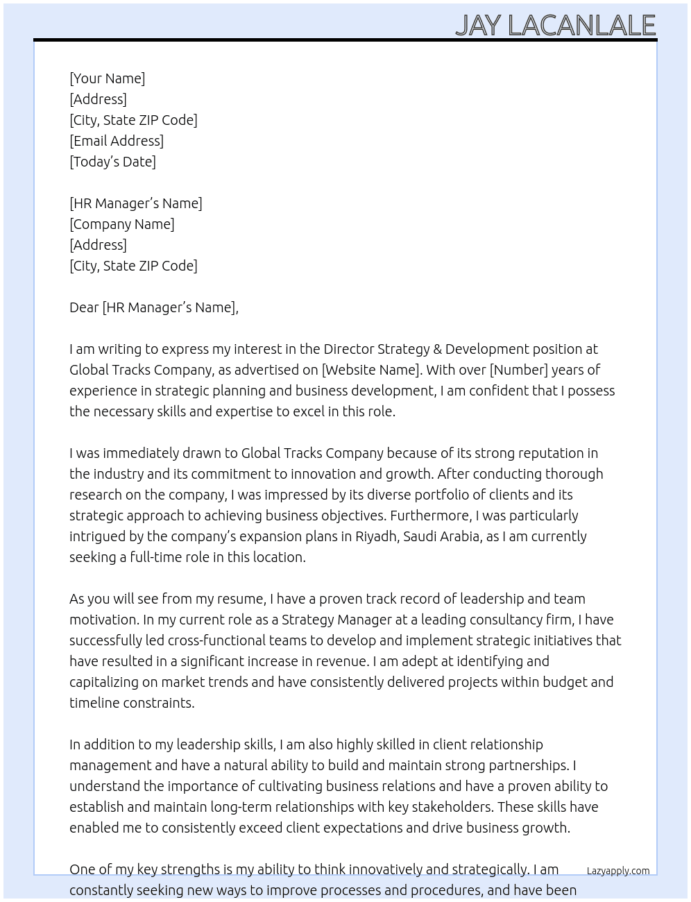 Director Strategy & Development At Global Tracks Company Cover Letter