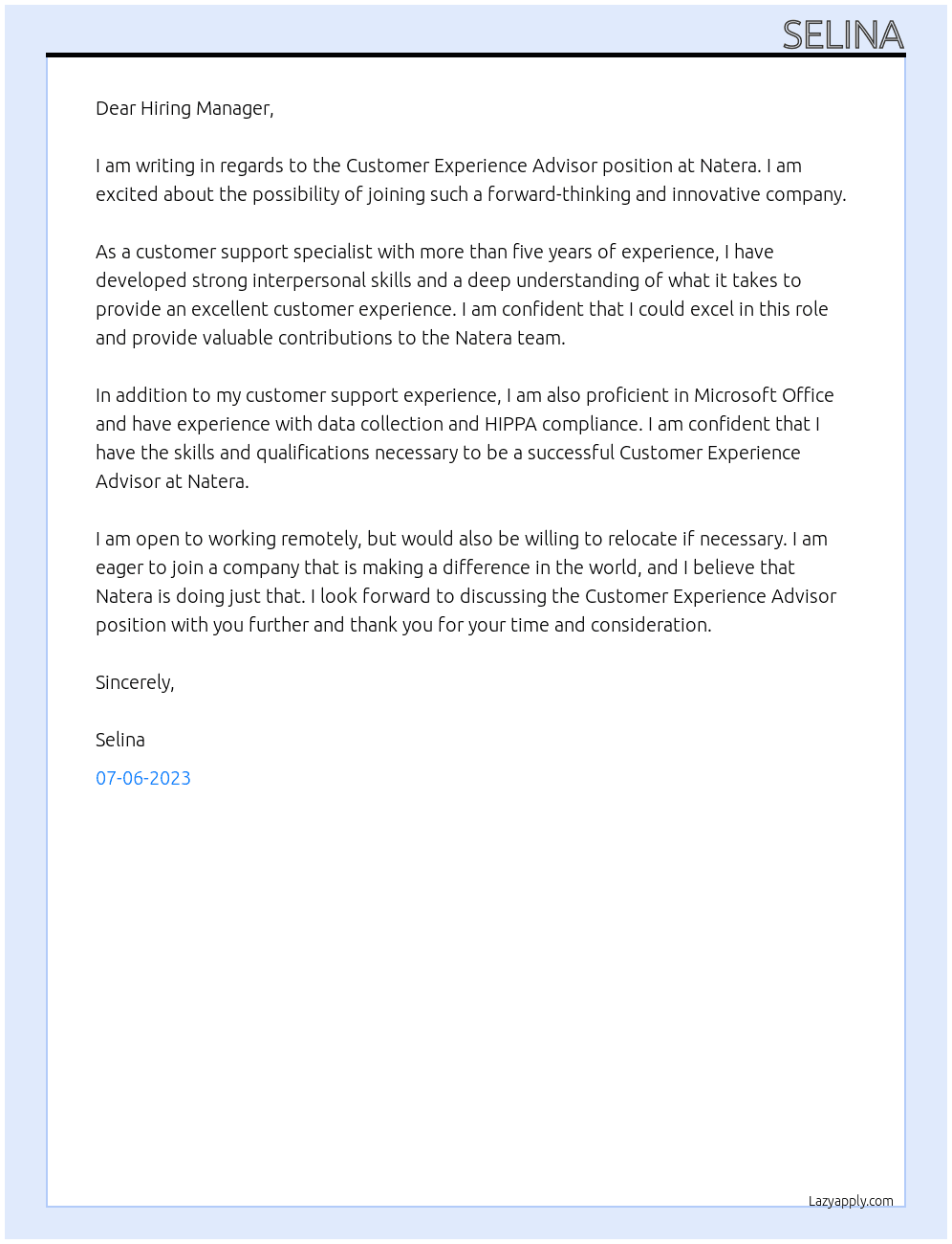 Customer Experience Advisor At Natera Cover Letter