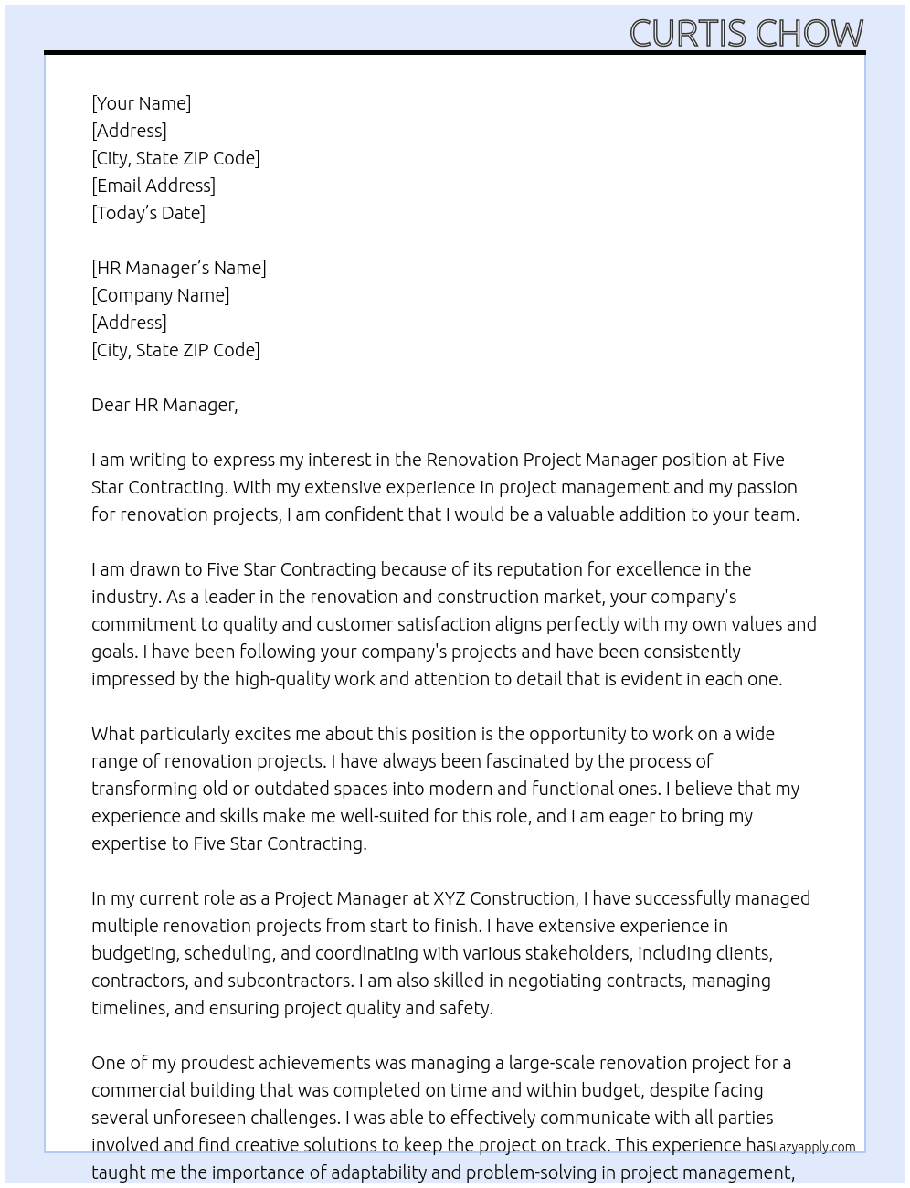 Renovation Project Manager At Five Star Contracting Cover Letter