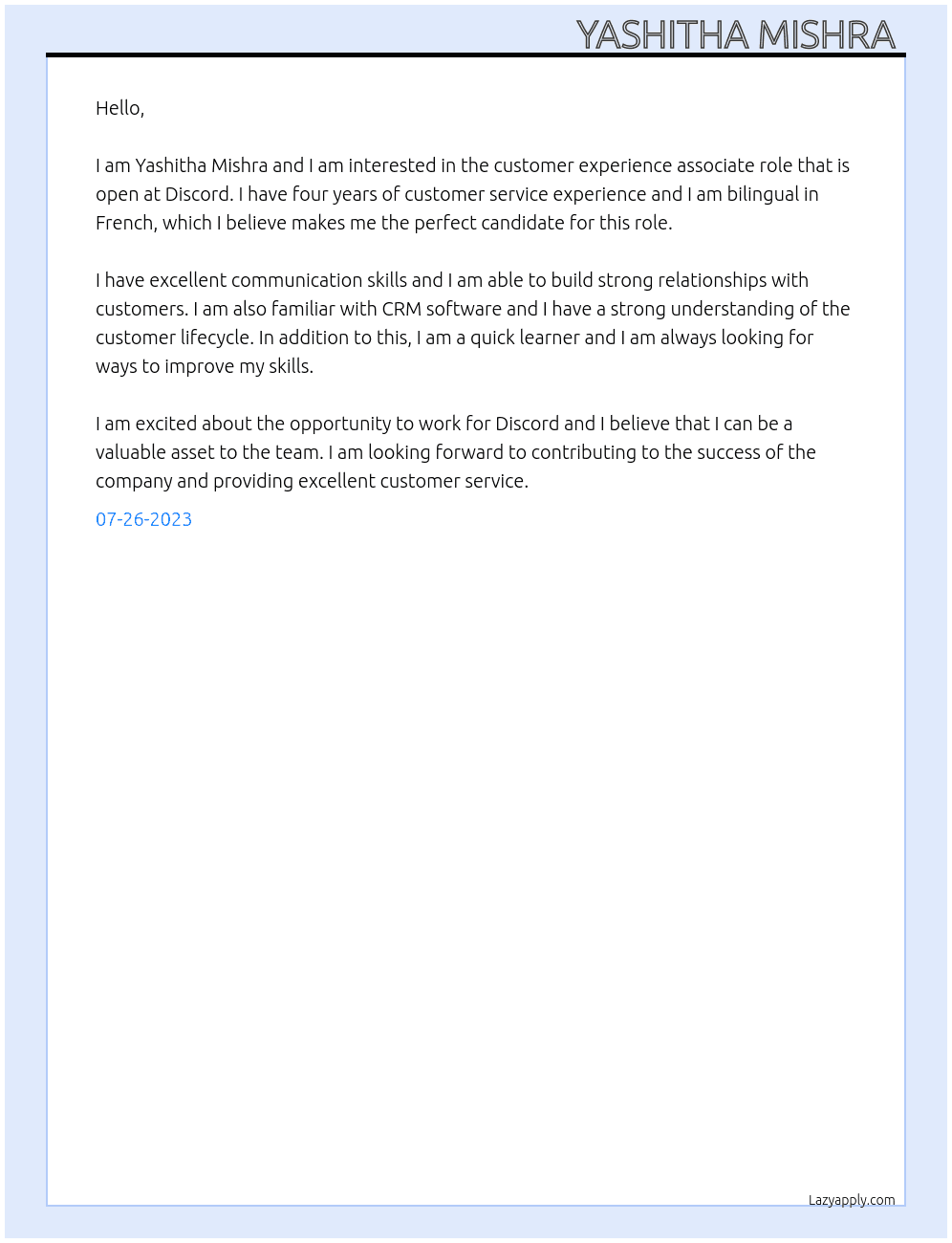CUSTOMER EXPERIENCE ASSOCIATE (BILINGUAL - FRENCH) - NETHERLANDS At Discord  Cover Letter