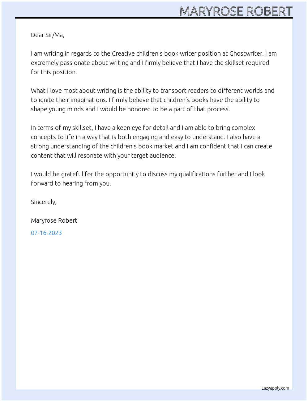 Creative children’s book writer At Ghostwriter  Cover Letter