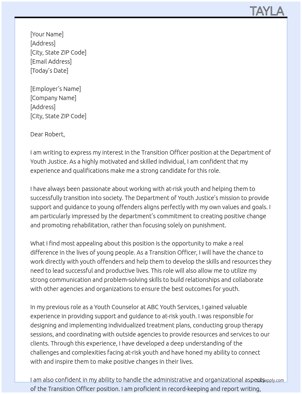 Transition Officer At Department of Youth Justice Cover Letter