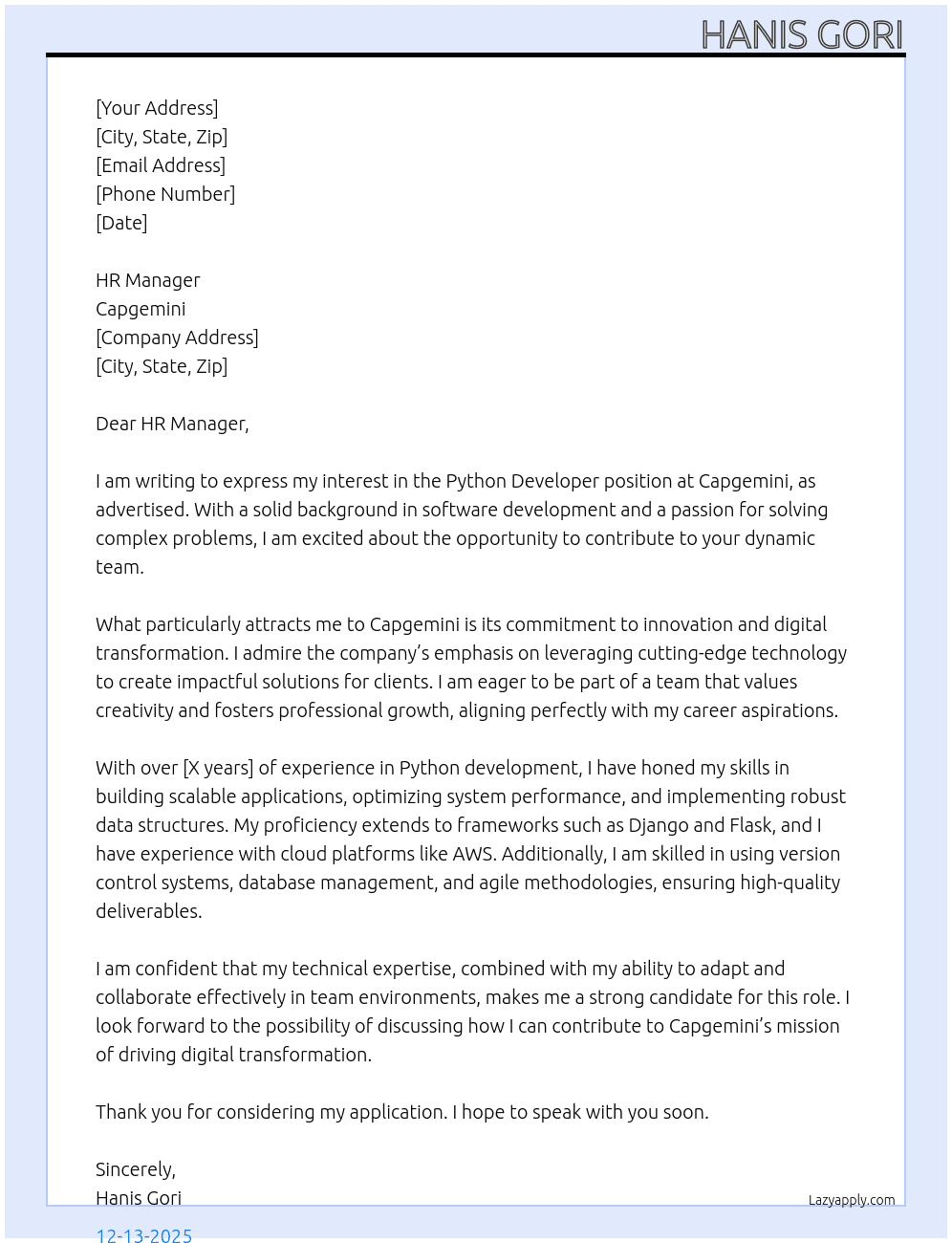 Cover letter for phython developer - LazyApply