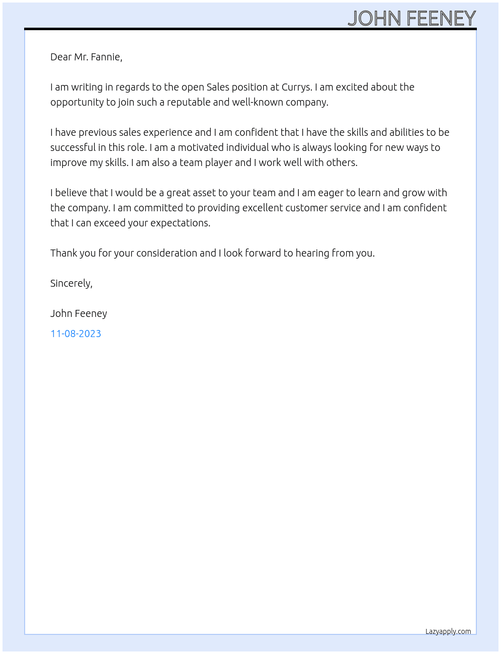 Sales At Currys Cover Letter
