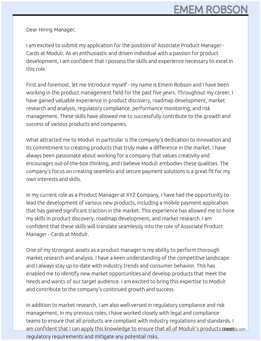 Associate Product Manager - Cards At Modulr Cover Letter