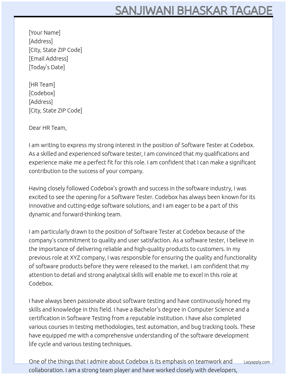 software tester At codebox Cover Letter