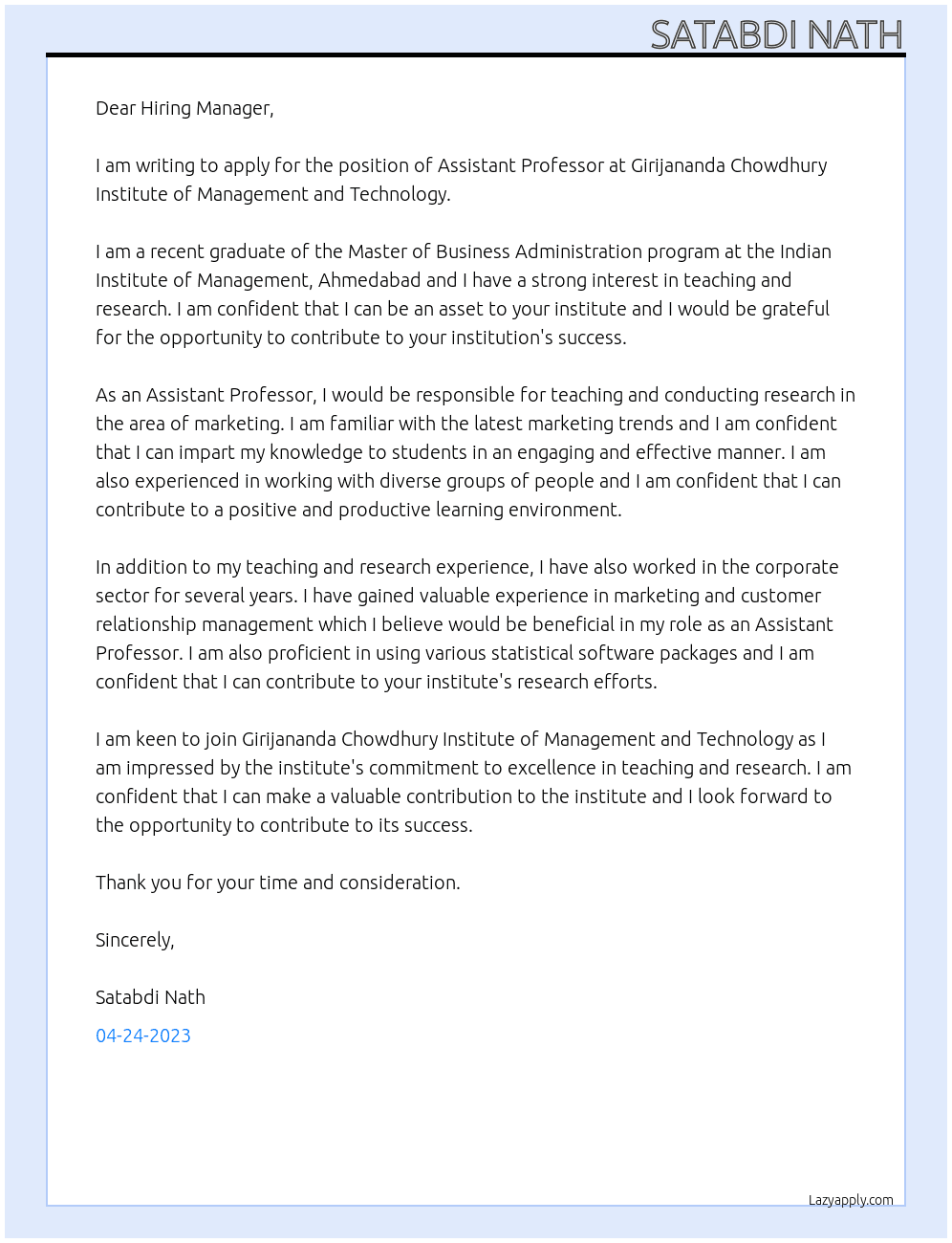 Assistant Professor  At Girijananda Chowdhury Institute of Management and Technology  Cover Letter