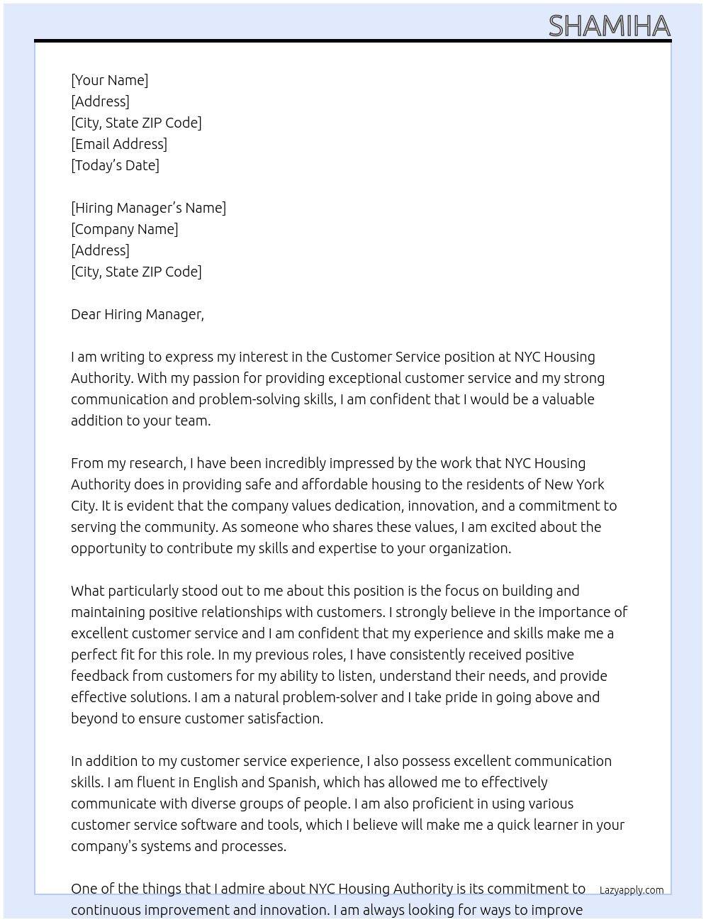 Customer Service At NYC Housing Authority Cover Letter
