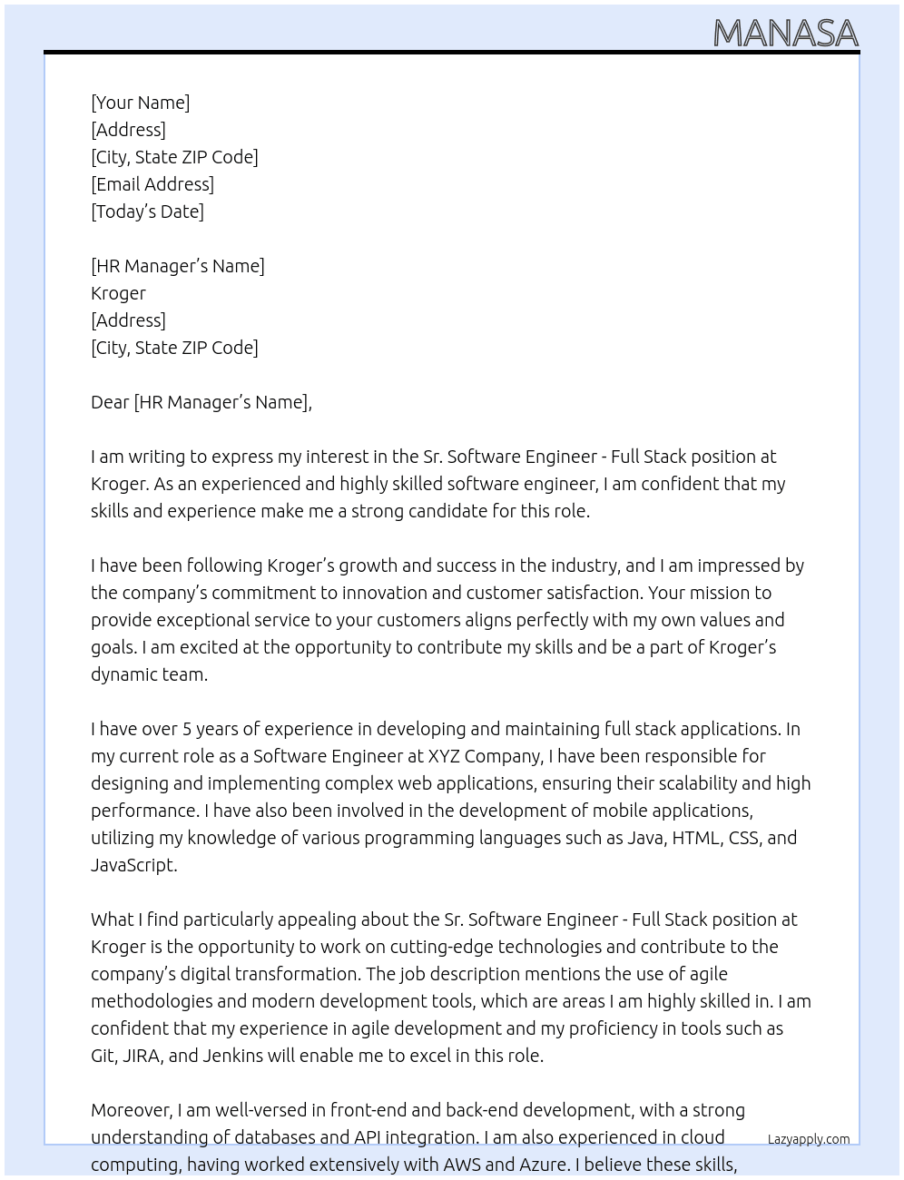 Sr. Software Engineer - Full Stack At Kroger Cover Letter