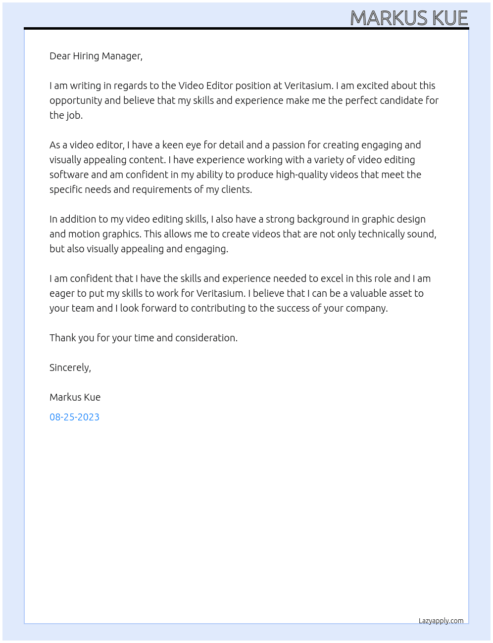 Video Editor At Veritasium Cover Letter