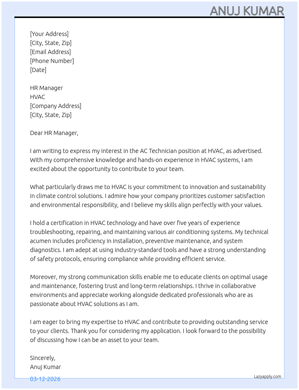 AC TECHNICIAN  At HVAC Cover Letter