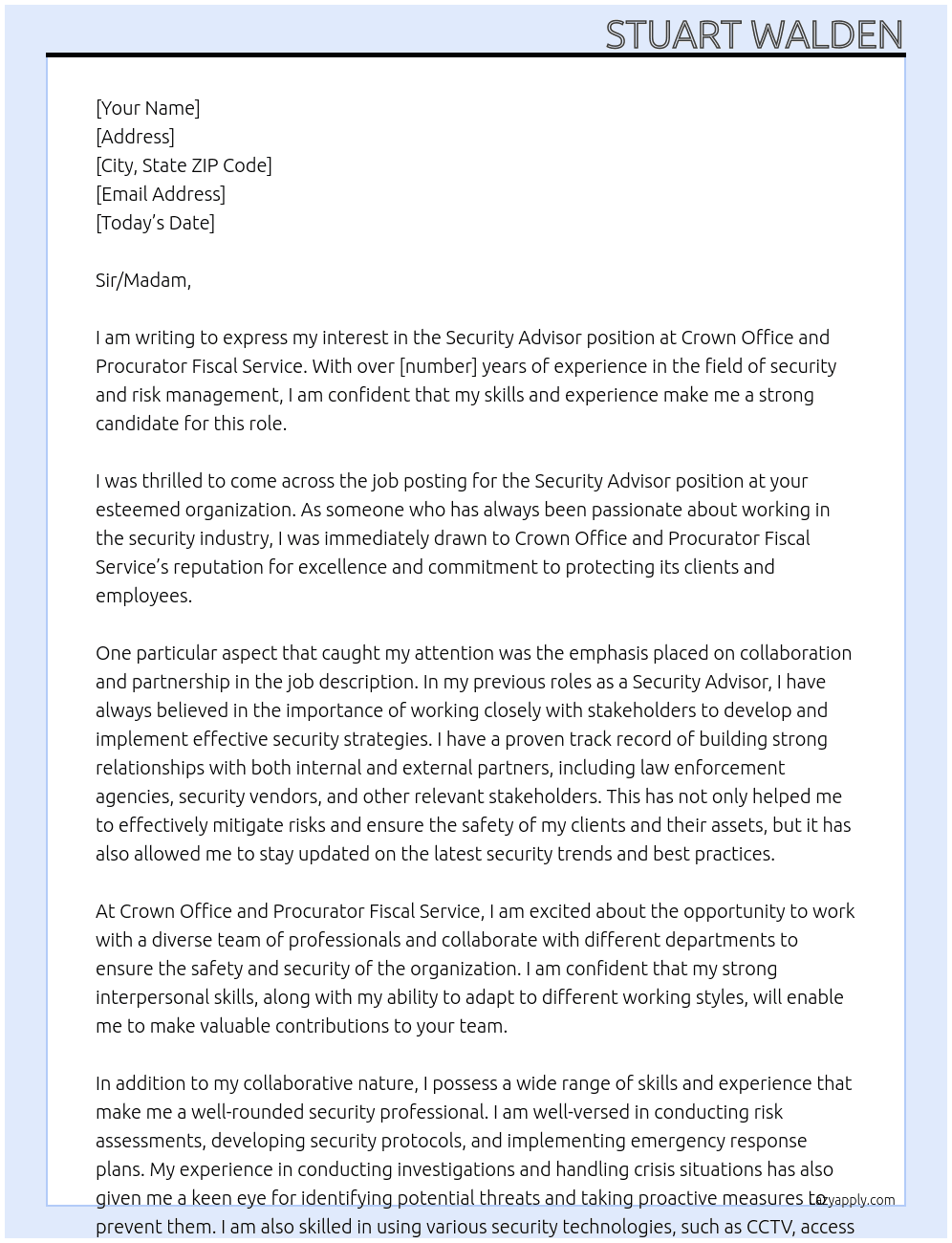 Security advisor At Crown office and procurator fiscal service Cover Letter