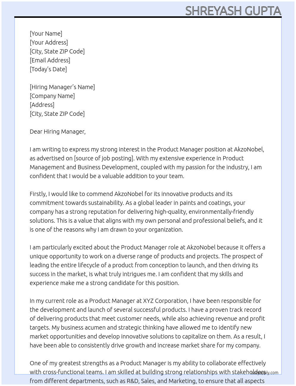 Product Manager At AkzoNobel Cover Letter