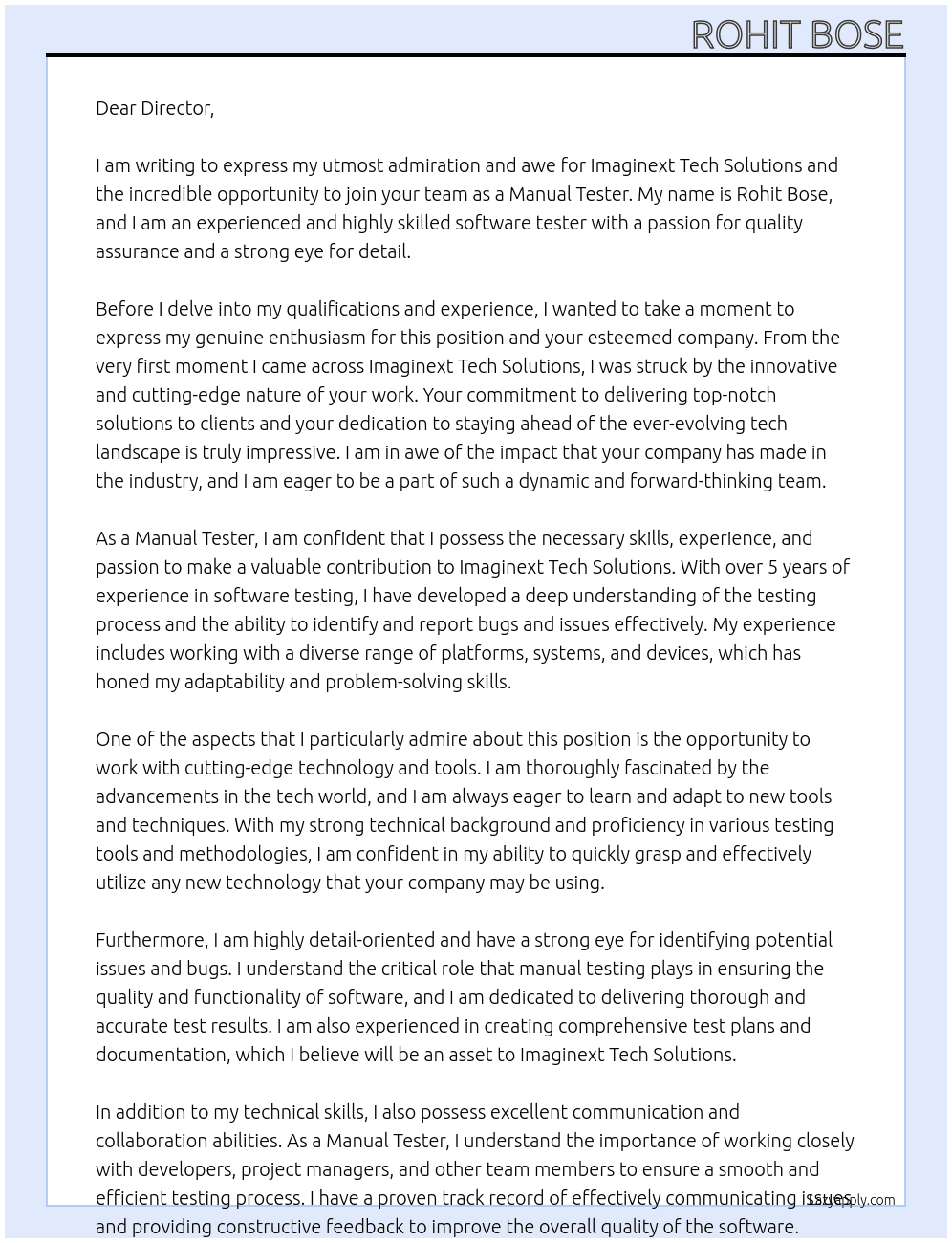 Manual Tester At Imaginext Tech Solutions Cover Letter